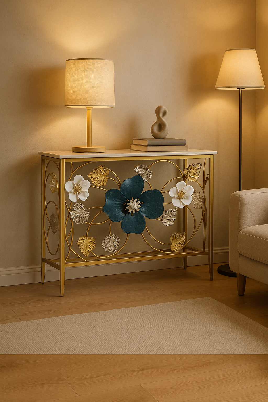 Luxury Floral Metal Console Table | Gold Accent Furniture - Image 3