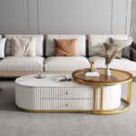 Modern Oval Coffee Table with Marble Top and Storage large duo