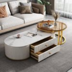 Modern Oval Coffee Table with Marble Top and Storage large duo - Image 3