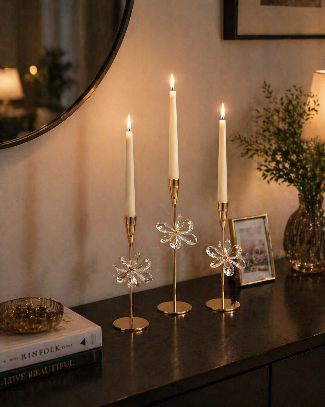 Luxury_illuminated_mechanical_wall_clock_with_glowing_Roman_numerals_and_modern_gear_design Luxury Crystal Candle Holder Set – 3 Piece Elegant Table Deco - Image 1